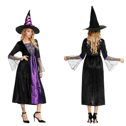 Witch Costume Women Long Sorceress Classic Dress Adult Renaissance Outfits Halloween Dress-up Disguise Role Playing Party Outfit