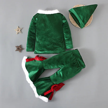 Christmas Kids Girls 2pcs Clothes Sets Solid Santa Claus Long Sleeve Sweatshirt Top+Flare Pants +Hat Xmas Party Costume