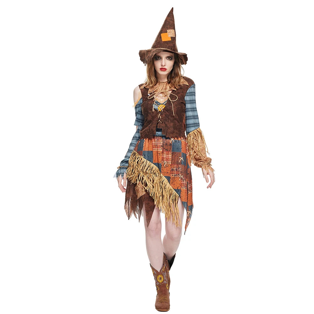 Women Wicked Scarecrow Cosplay Halloween Costumes Stage Show Performance Costume With Hat Carnival Purim Fancy Dress