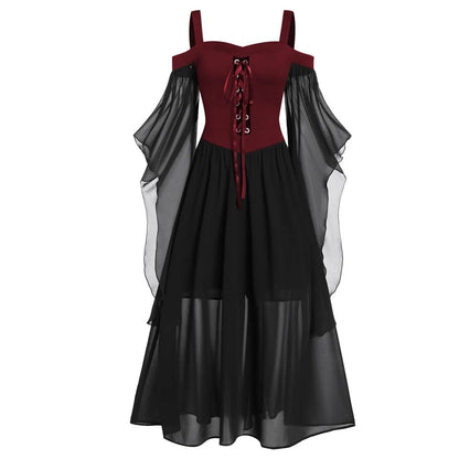 Gothic Witch Vintage Dress Women Sexy Hollow Out Lace Up High Waist Ruffle Trumpet Dress Off Shoulder Gothic Midi Dress Vestidos