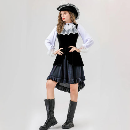 Women Halloween Costumes Cos Sexy Long Dress Medieval Retro Style Sweet Elegant Fine Dresses Long-Sleeve Inner Wear Hat Belt Set