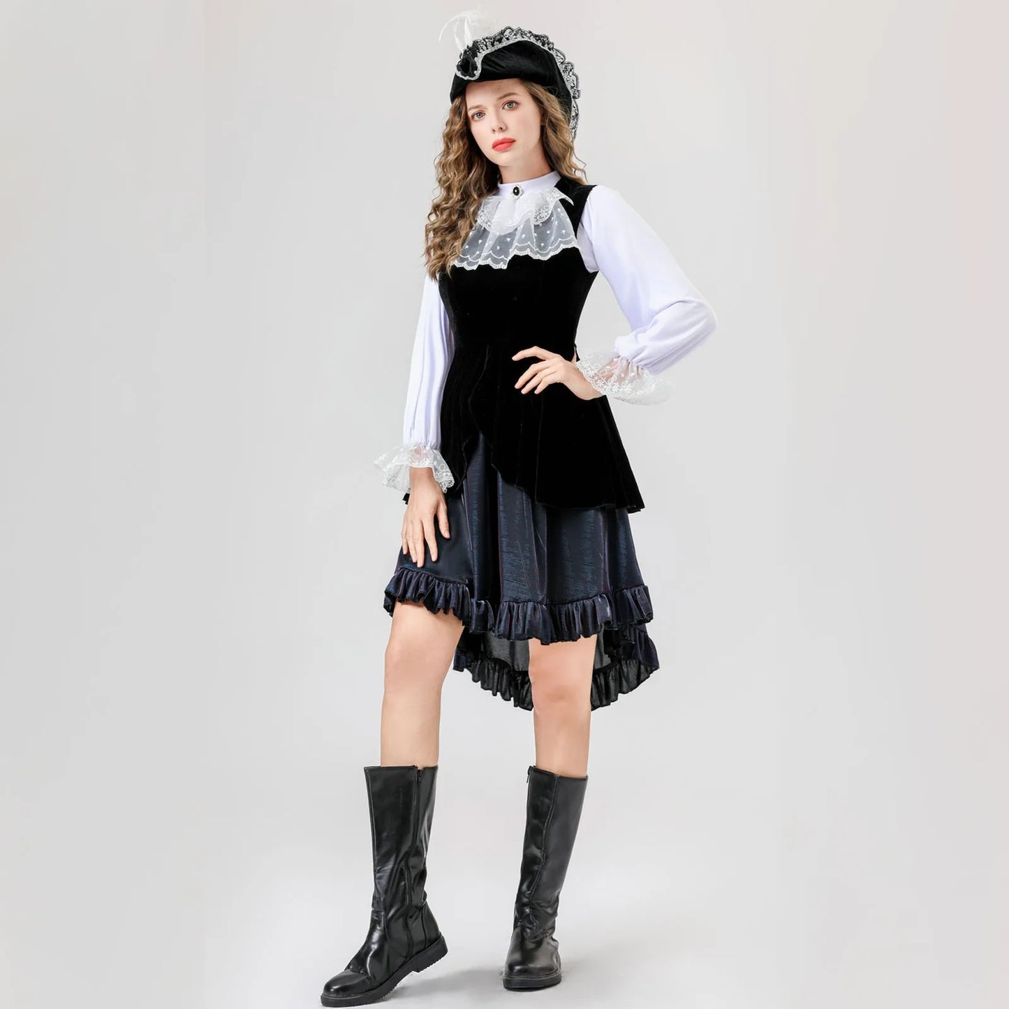 Women Halloween Costumes Cos Sexy Long Dress Medieval Retro Style Sweet Elegant Fine Dresses Long-Sleeve Inner Wear Hat Belt Set