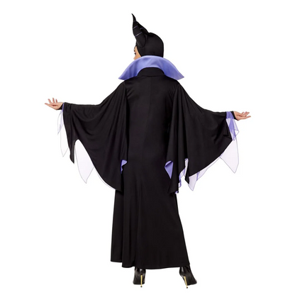 Witch Maleficent Sleeping Beauty Cosplay Costume Adult Women Hallowen Costumes Evil Black Dress Horn Hat Outfit Hat Helmet Hood