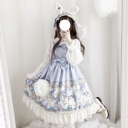 Japanese Soft Girl Kawaii Lolita Jsk Dress Sweet Bow Print Fairy Dresses Women A-line Daily Summer Princess Tea Party Suspenders