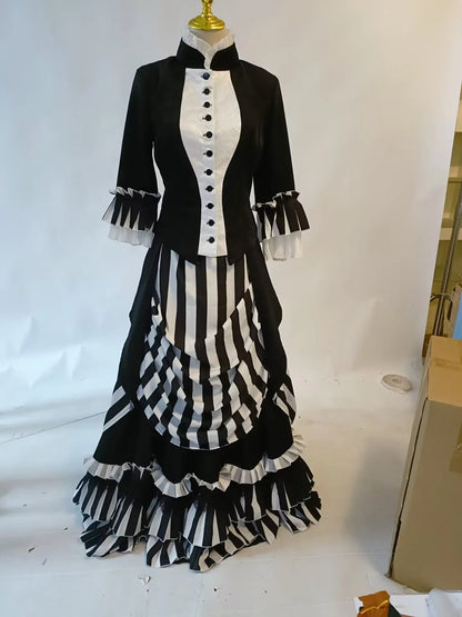 Victorian Gothic Black White Stripe Dress Medieval Bustle Vintage Women Ball Gown Dress Rococo Gown Fancy Forest Costume