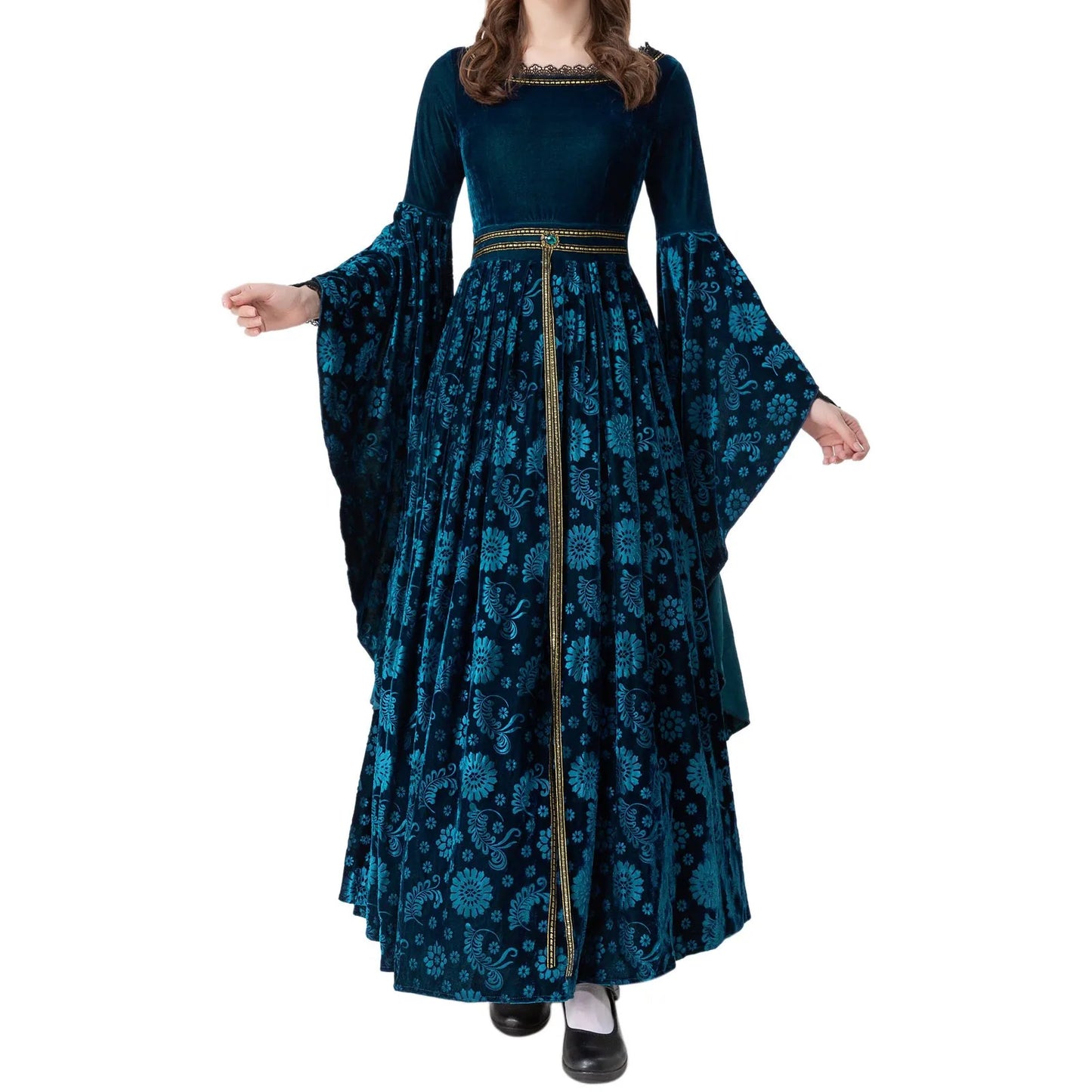 Medieval Velvet Dress Women Long Sleeve Lace O Neck Retro Dress With Hooded Cloak 2 Piece Set Vintage Halloween Cosplay Costume