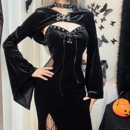 Women's Gothic Bandage Hooded Bell Sleeve Spider Web Lace Dress Long Sleeve Maxi Dress Halloween Costume