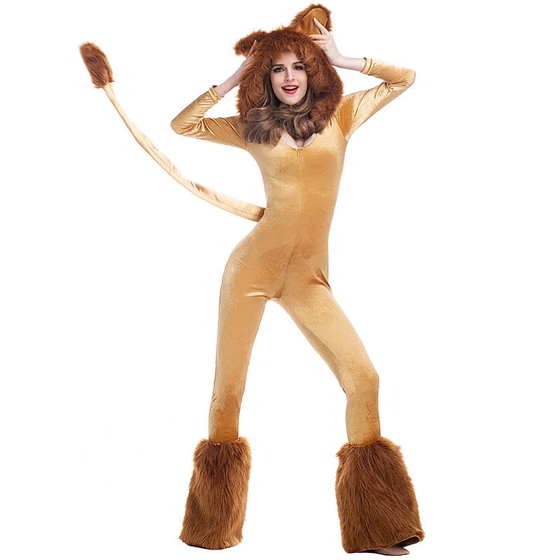 Animal Cartoon Lion Plush Hooded Jumpsuit With Tail+Leg Cover  Halloween Costume For Adult Women Lion King Cosplay