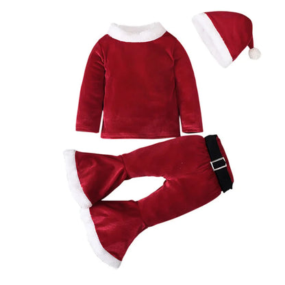 Christmas Kids Girls 2pcs Clothes Sets Solid Santa Claus Long Sleeve Sweatshirt Top+Flare Pants +Hat Xmas Party Costume