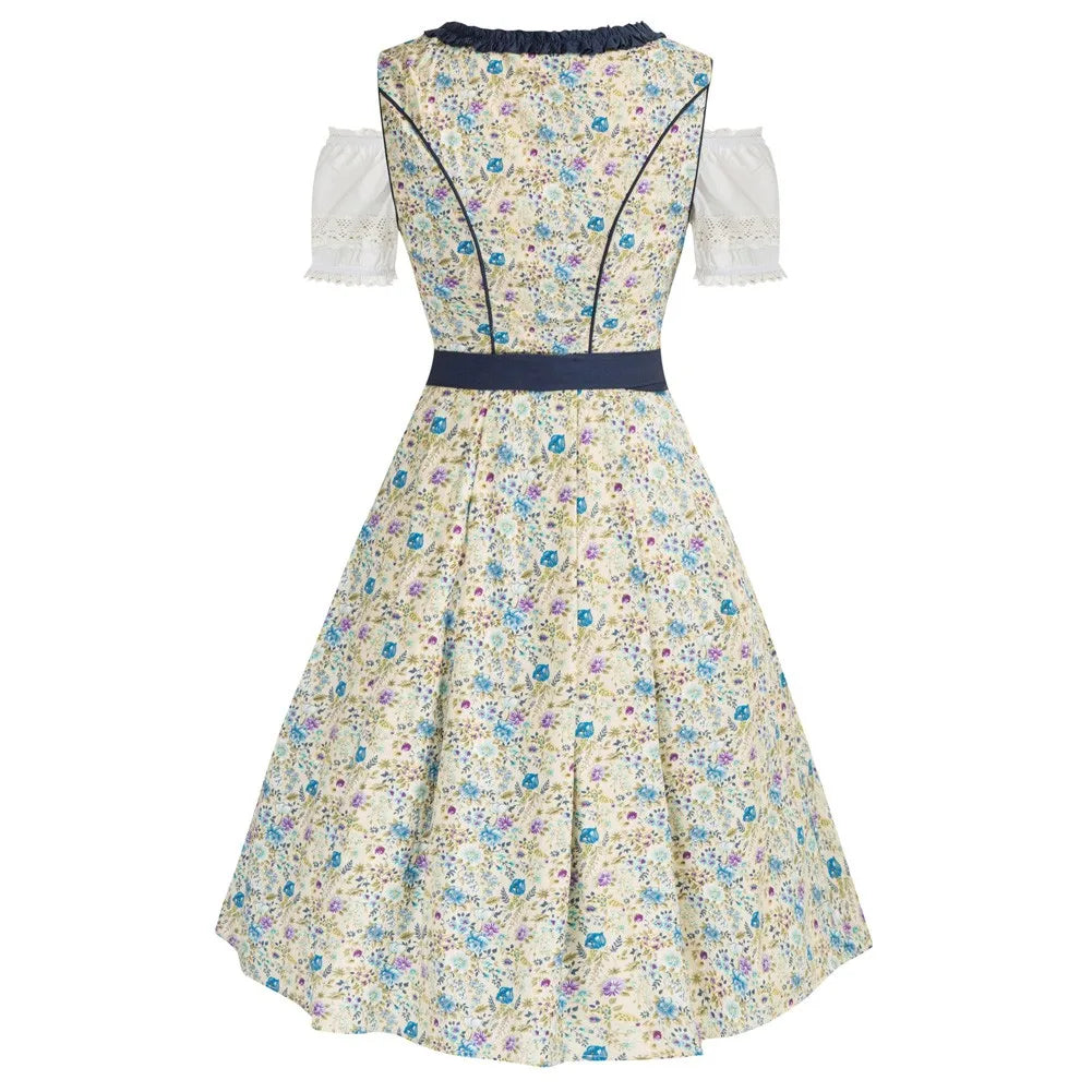 3pcs Set Tops+Cotton Dress+Apron Women German Bavarian Oktoberfest Costumes Ladies Vintage Beer Festival Floral Printing Dress