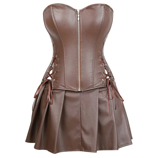 Sexy Leather Dresses Corsets Skirt Burlesque Front Zipper Gothic Punk Steampunk Bustier Corset Overbust Korsett Plus Size Brown