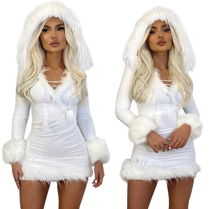 Sexy Plush Skirt Women's Christmas Dress Plush Hem Splicing Frenulum Solid Color V-neck Hooded Skirt for Female White