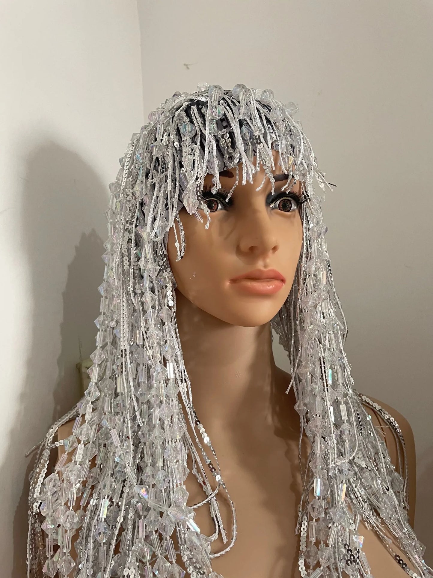 Sexy Silver Sequin Crystal Tassel Wigs Women Birthday Party Rhinestone Fringes Headwear