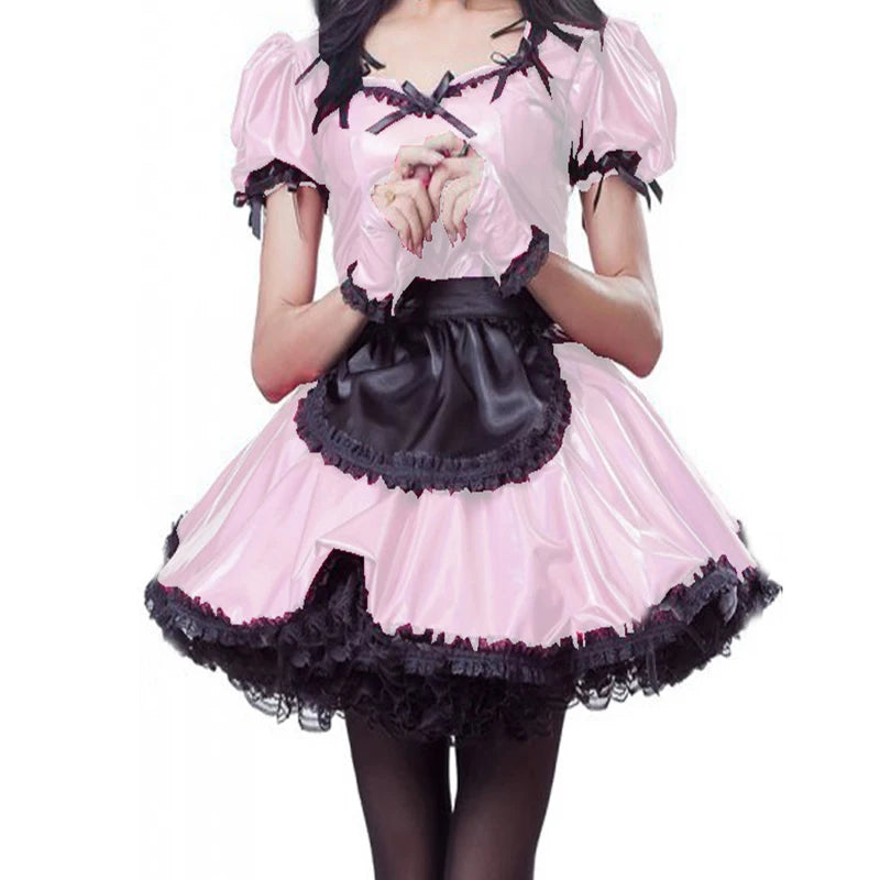 Sexy Sissy Cute Lolita Dresses French Maid Dress Metallic Puff Sleeve Lockable Maids Uniform Anime Cosplay Stage Exotic Costume