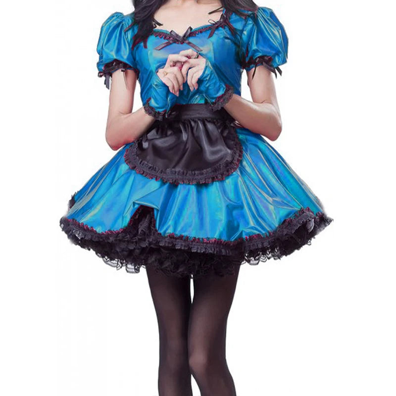 Sexy Sissy Cute Lolita Dresses French Maid Dress Metallic Puff Sleeve Lockable Maids Uniform Anime Cosplay Stage Exotic Costume