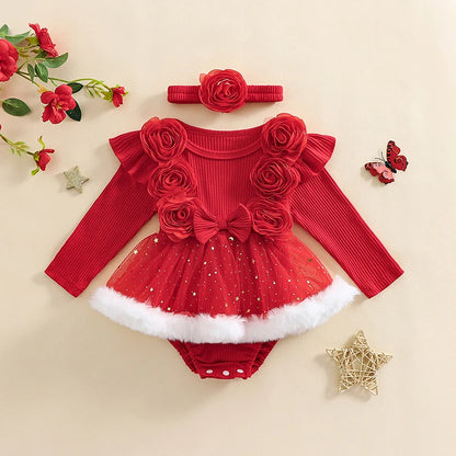 Newborn Baby Girl Christmas Outfit Long Sleeve Ruffle Romper Jumpsuit with Headband Cute Infant Girl Clothes