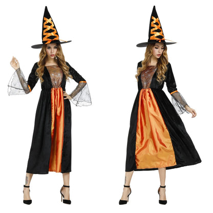 Witch Costume Women Long Sorceress Classic Dress Adult Renaissance Outfits Halloween Dress-up Disguise Role Playing Party Outfit