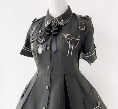 Military Lolita Dress Women Black Summer Gothic Include Badge