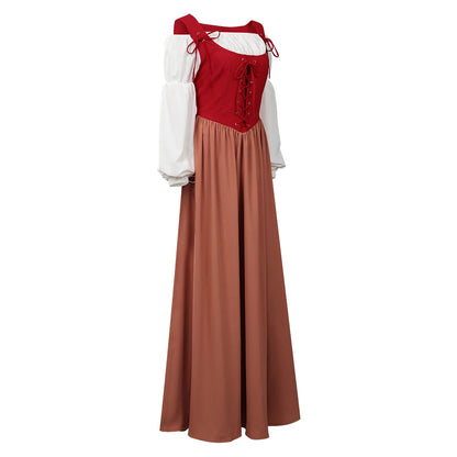 Women Renaissance Medieval Long Dress with Lace-Up Bodice and Puff Sleeves for Halloween and Costume Role Play