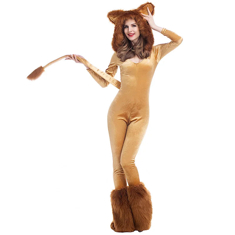 Animal Cartoon Lion Plush Hooded Jumpsuit With Tail+Leg Cover  Halloween Costume For Adult Women Lion King Cosplay