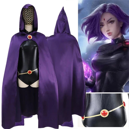 New Teen Titan Crow Role Playing Costume Luxury jumpsuit Cape Belt Set Halloween Women's Uniform