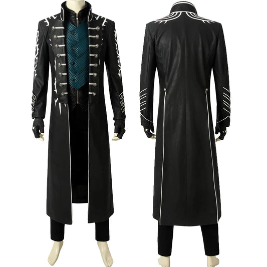 Vergil Cosplay Costume Black Long Leather Trench Coat Vest Pants and Boots Full Set