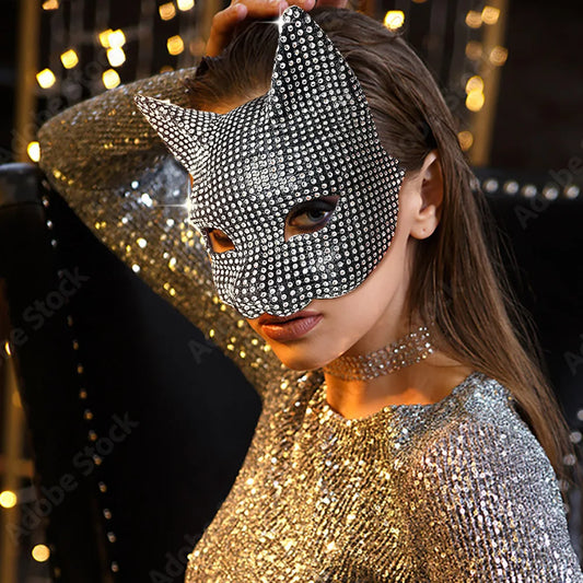 Shiny Cat Mask for Women Crystal Face Mask Dance Party Performance Sexy Facial Accessories Masque DJ Stage Cat Mask Cosplay