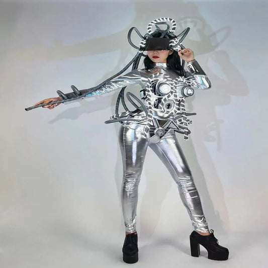 Silver Future Show Party Dance Jumpsuit Women Led Light Cloth Gogo Party Show Wear Women Dancer Show Club Dress