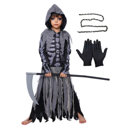 Skeleton Grim Reaper Costume Girls Scary Costumes Kids Halloween Deluxe Costume Set Scythe Chain Soultaker Dress Up Rave Party