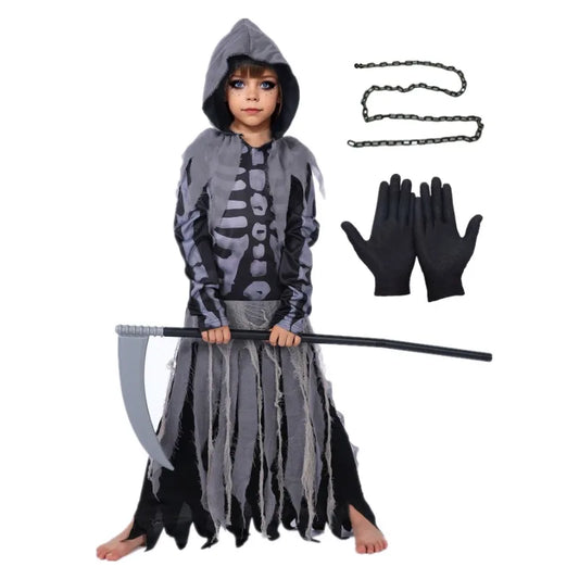 Skeleton Grim Reaper Costume Girls Scary Costumes Kids Halloween Deluxe Costume Set Scythe Chain Soultaker Dress Up Rave Party