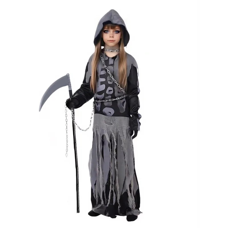 Skeleton Grim Reaper Costume Girls Scary Costumes Kids Halloween Deluxe Costume Set Scythe Chain Soultaker Dress Up Rave Party