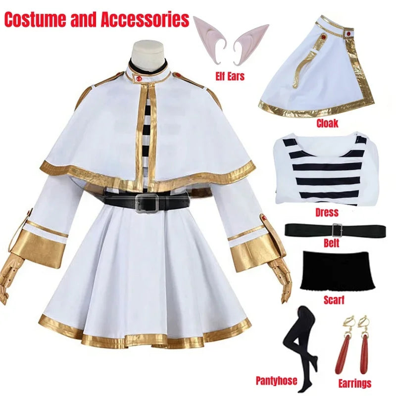 Sousou No Frieren Cosplay Costume Wig Shoes Anime Magician Dress Elf Ear Halloween Party Charistmas for Women Girls