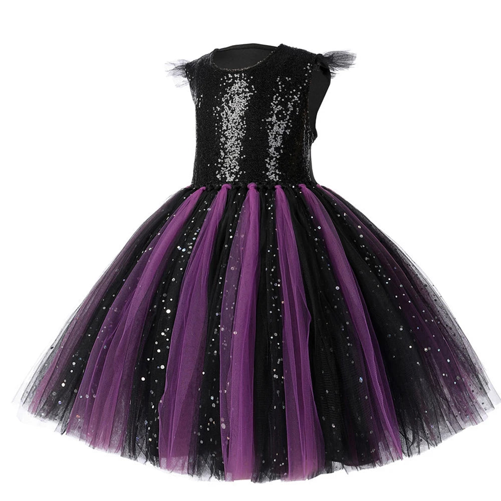 Sparkly Black Purple Maleficent Costumes for Girls Kids Carnival Halloween Tutu Dress Evil Witch Outfit with Flower Horns Wings