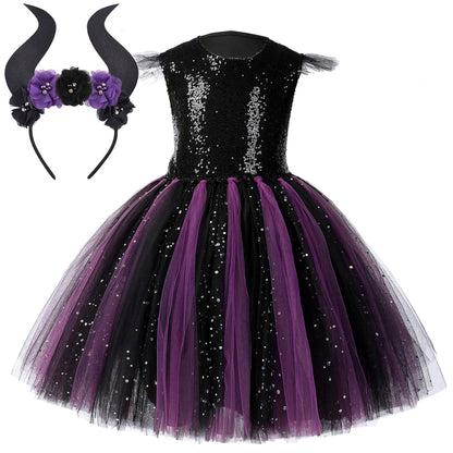 Sparkly Black Purple Maleficent Costumes for Girls Kids Carnival Halloween Tutu Dress Evil Witch Outfit with Flower Horns Wings