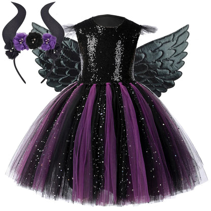 Sparkly Black Purple Maleficent Costumes for Girls Kids Carnival Halloween Tutu Dress Evil Witch Outfit with Flower Horns Wings