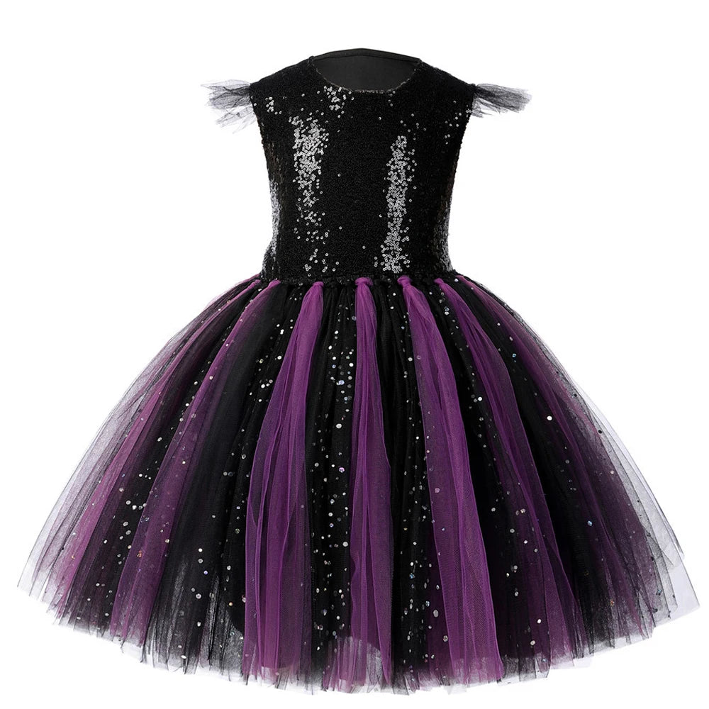 Sparkly Black Purple Maleficent Costumes for Girls Kids Carnival Halloween Tutu Dress Evil Witch Outfit with Flower Horns Wings