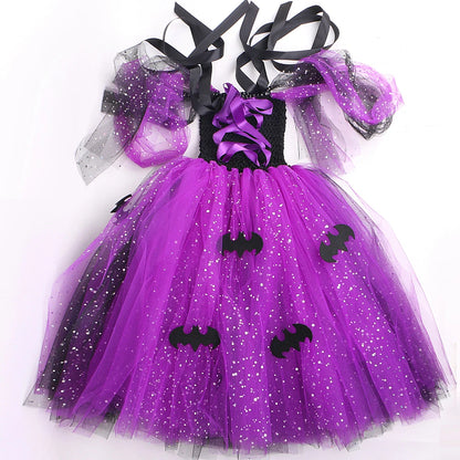 Sparkly Witch Halloween Costumes for Girls Purple Black Bat Long Tutu Dress for Kids Carnival Cosplay Outfit with Broom Hat