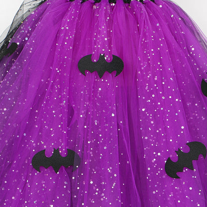 Sparkly Witch Halloween Costumes for Girls Purple Black Bat Long Tutu Dress for Kids Carnival Cosplay Outfit with Broom Hat