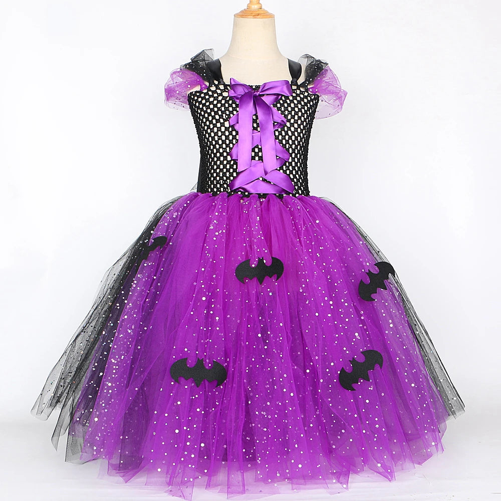 Sparkly Witch Halloween Costumes for Girls Purple Black Bat Long Tutu Dress for Kids Carnival Cosplay Outfit with Broom Hat