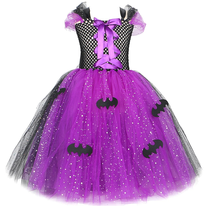 Sparkly Witch Halloween Costumes for Girls Purple Black Bat Long Tutu Dress for Kids Carnival Cosplay Outfit with Broom Hat