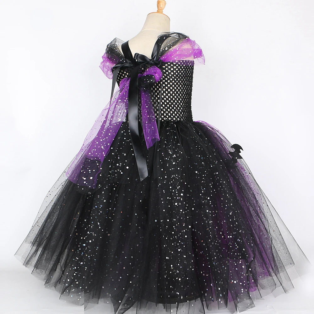 Sparkly Witch Halloween Costumes for Girls Purple Black Bat Long Tutu Dress for Kids Carnival Cosplay Outfit with Broom Hat