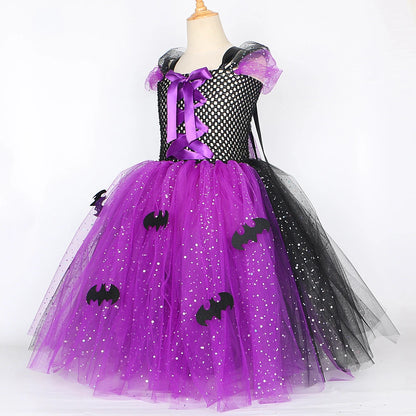 Sparkly Witch Halloween Costumes for Girls Purple Black Bat Long Tutu Dress for Kids Carnival Cosplay Outfit with Broom Hat