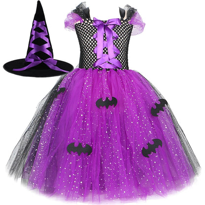 Sparkly Witch Halloween Costumes for Girls Purple Black Bat Long Tutu Dress for Kids Carnival Cosplay Outfit with Broom Hat