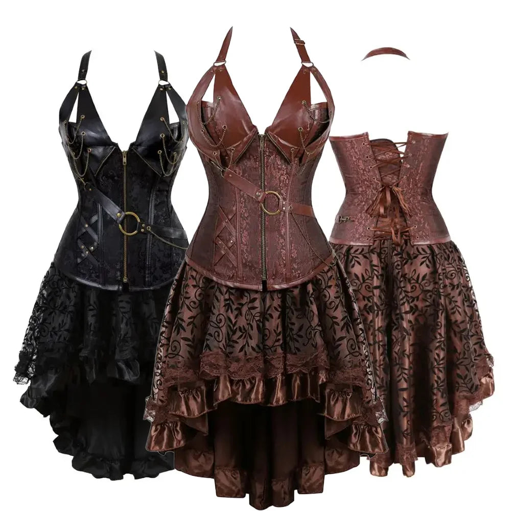 Steampunk Corset Skirt Set Sexy Gothic Leather Strap Corset Dress for Women Rave Party Outfit Halloween Pirate Costume Plus Size