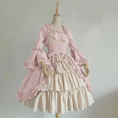 Strawberry Lolita Medieval Retro Gothic Court Lolita Dress Square Neck Waist Spliced Bow Dress