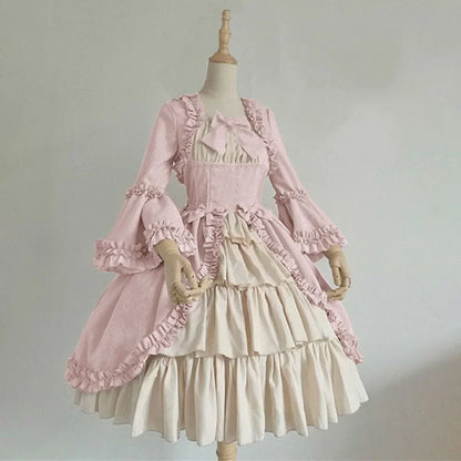 Strawberry Lolita Medieval Retro Gothic Court Lolita Dress Square Neck Waist Spliced Bow Dress