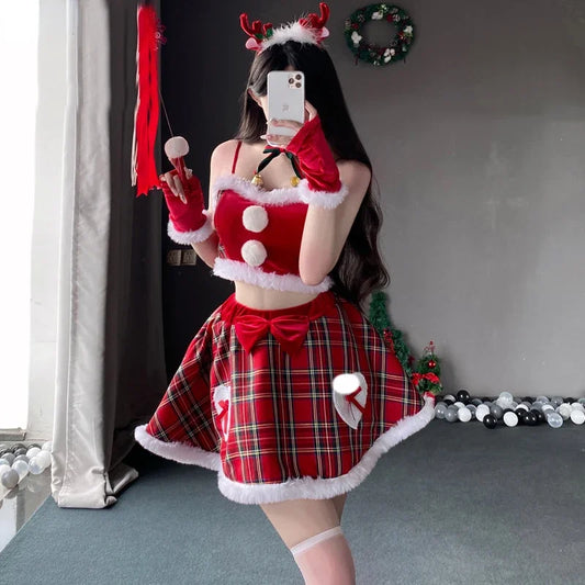 Student Plaid Santa Claus Uniform Cosplay Christmas Women Fluffy Ball Crop Top Skirt Gloves Outfits Costumes New Year Red Dress