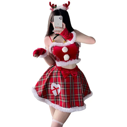 Student Plaid Santa Claus Uniform Cosplay Christmas Women Fluffy Ball Crop Top Skirt Gloves Outfits Costumes New Year Red Dress