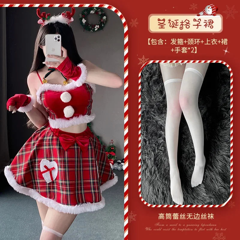 Student Plaid Santa Claus Uniform Cosplay Christmas Women Fluffy Ball Crop Top Skirt Gloves Outfits Costumes New Year Red Dress