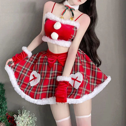 Student Plaid Santa Claus Uniform Cosplay Christmas Women Fluffy Ball Crop Top Skirt Gloves Outfits Costumes New Year Red Dress